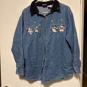 Vintage snowman embroidered denim long sleeve shirt